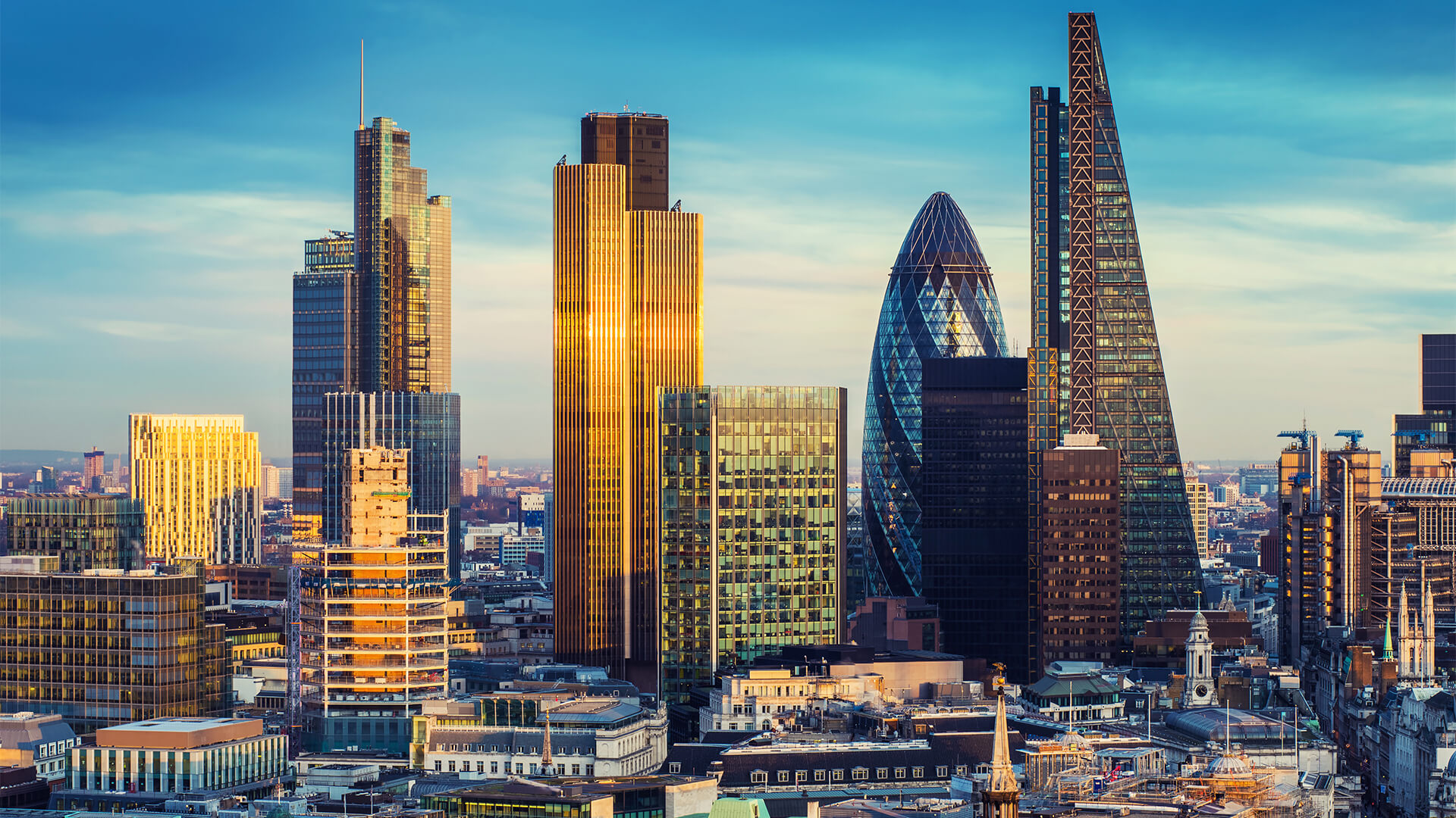 London city skyline at sunset, UK