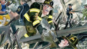 Illistration by Context Productions of a firefighter passing heavy rocks to other emergancy workers