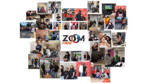 Zoom Fibre Logo in the middle with photos of the team around the logo