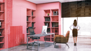 Businesswoman in pink office interior
