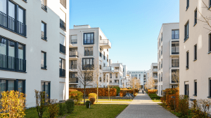 Modern apartment buildings in a green residential area in the city