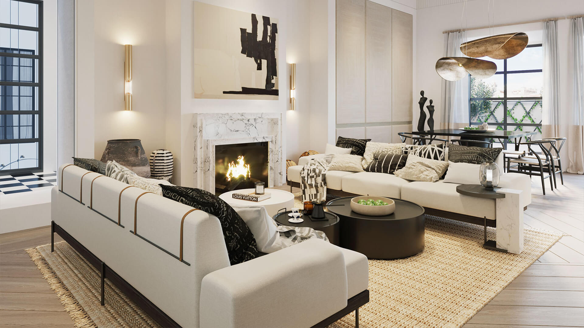 luxury white sofas in sitting room