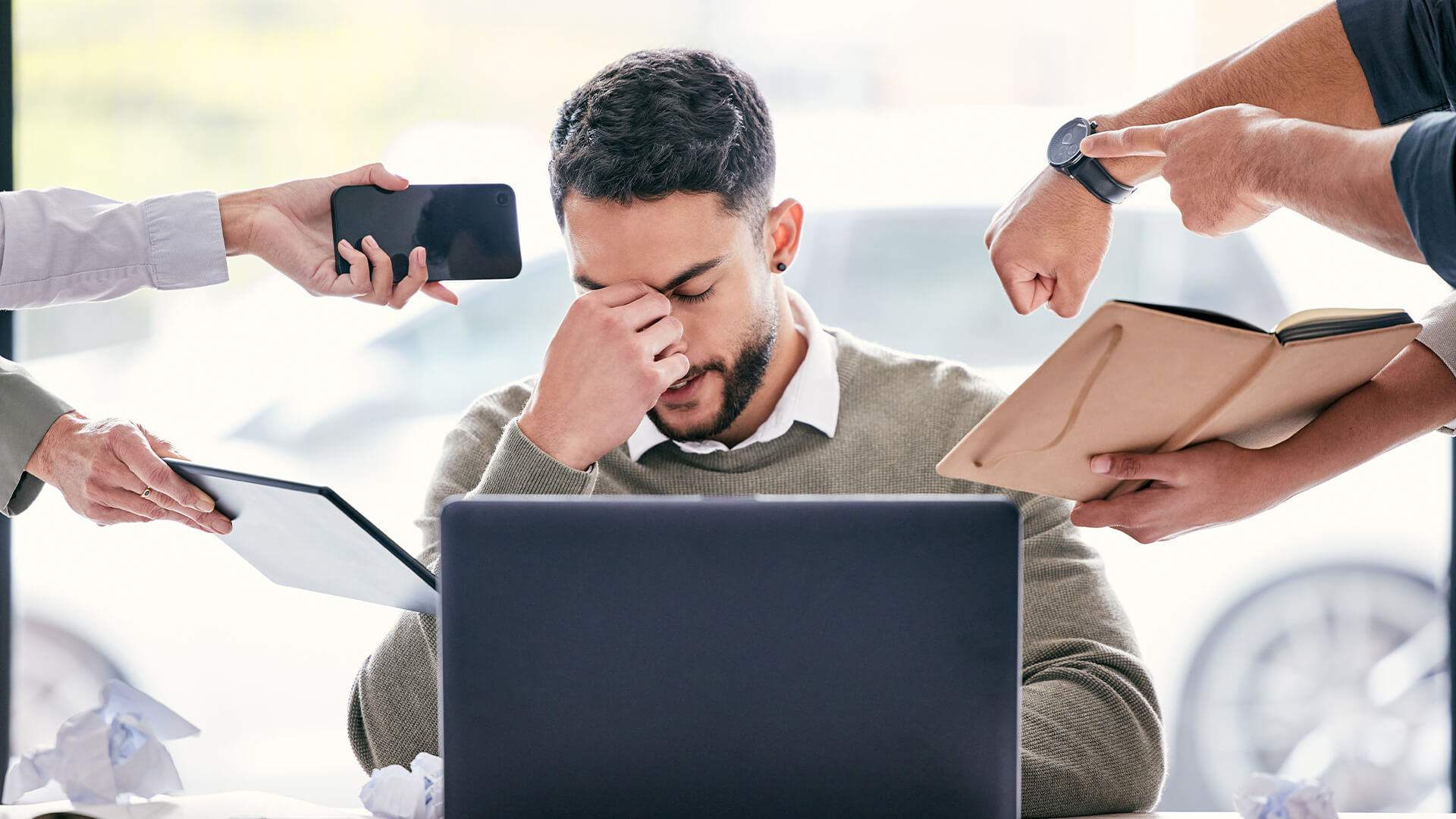 business man with anxiety, burnout or mental health crisis, documents and laptop