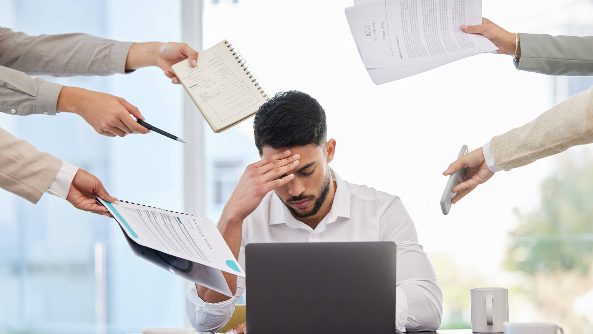 business man in office for deadline, burnout and overworked