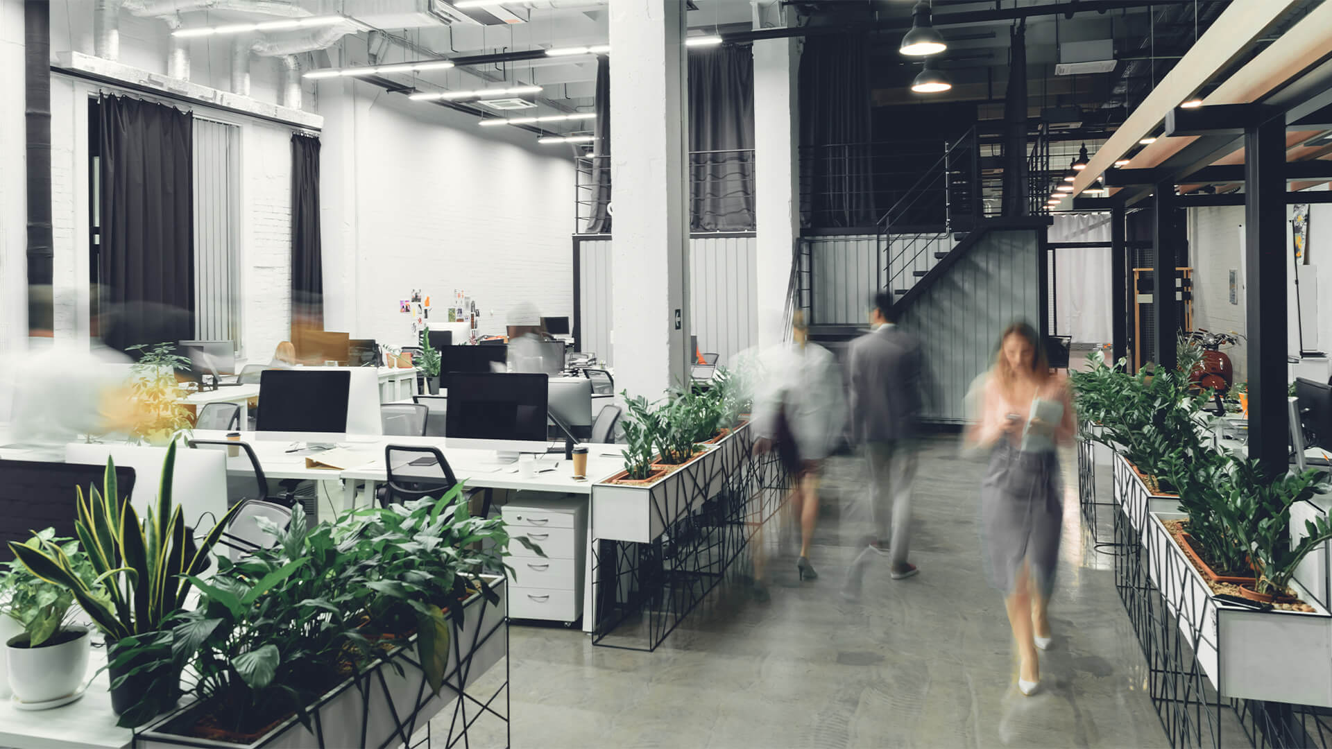 modern open space office interior with blurred business colleagues