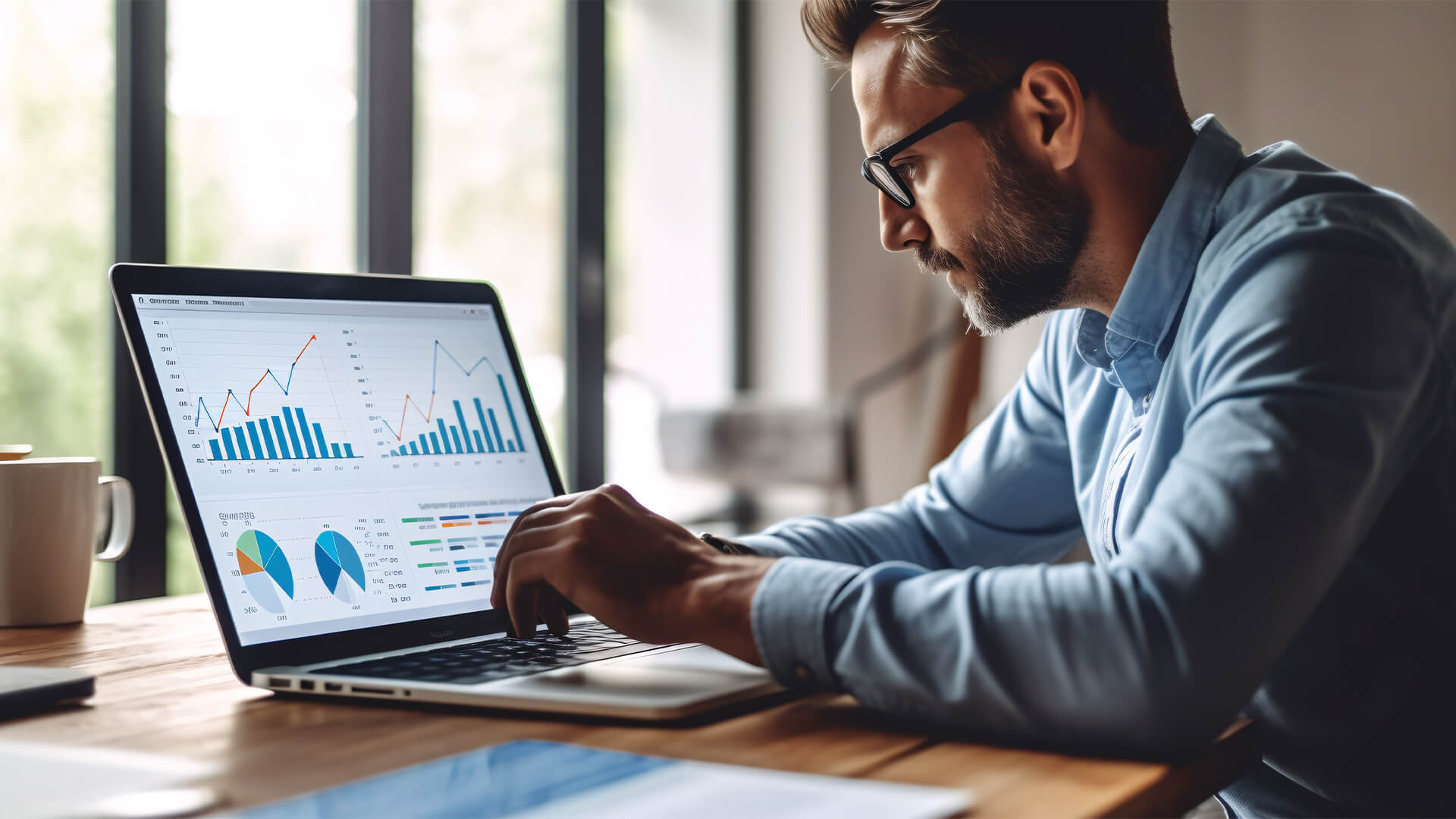 Man sitting with laptop and working with growing graph.