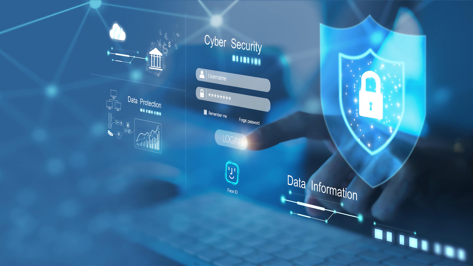 cyber security concept, finger logging in to account next to a padlock