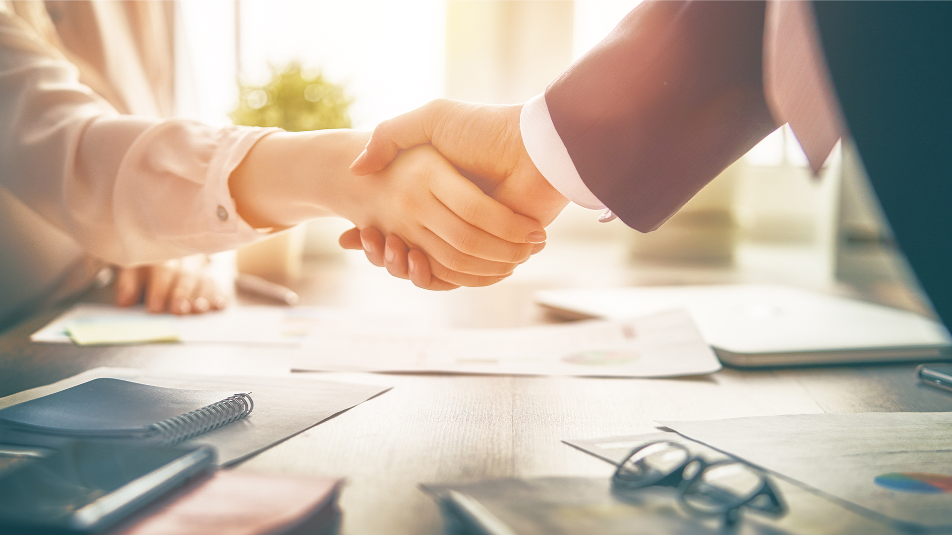 Businessman and businesswoman shaking hands above desk