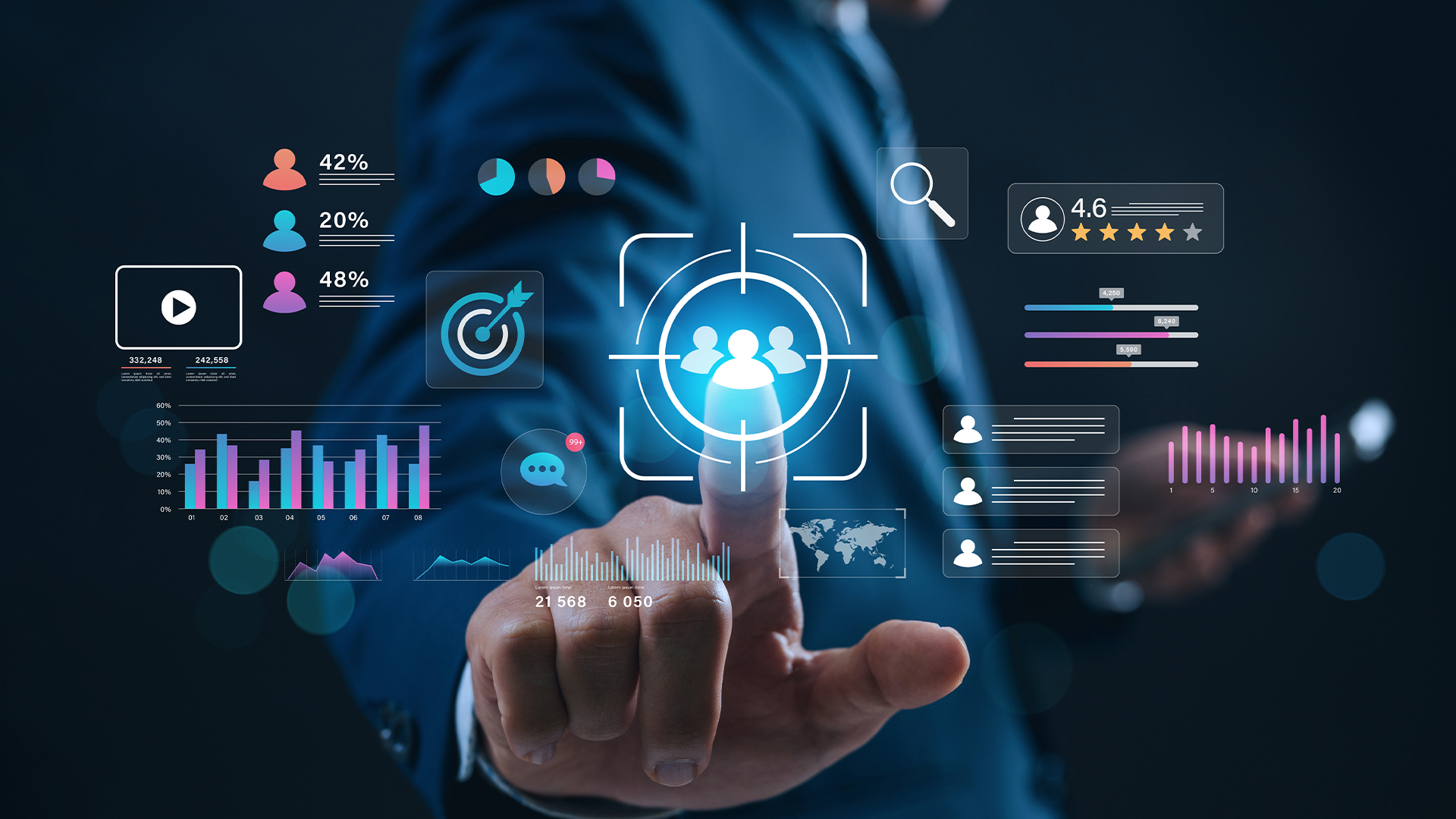Businessman interacts with data analytics dashboard