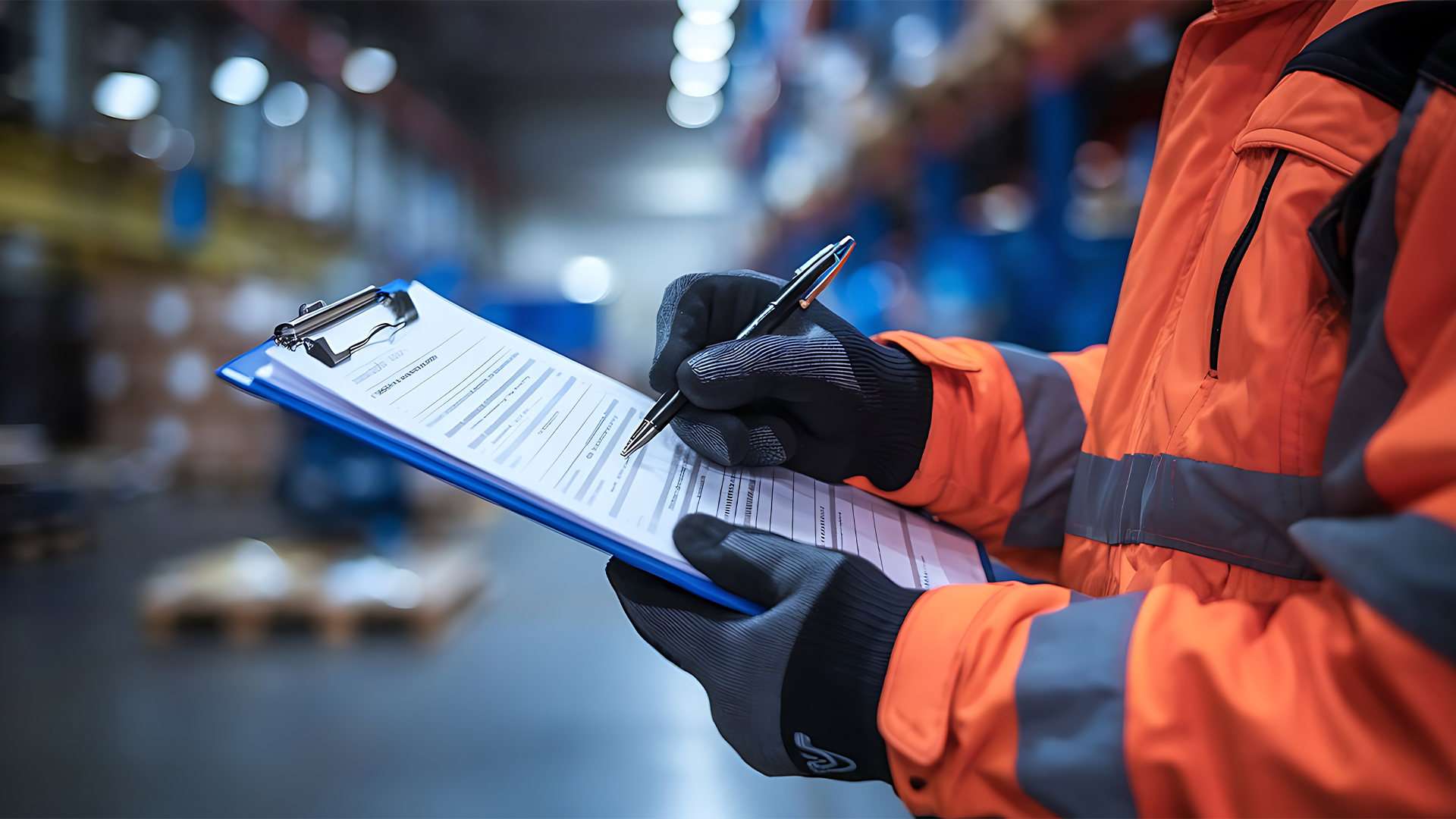 person in fire safety jacket writing on clipboard