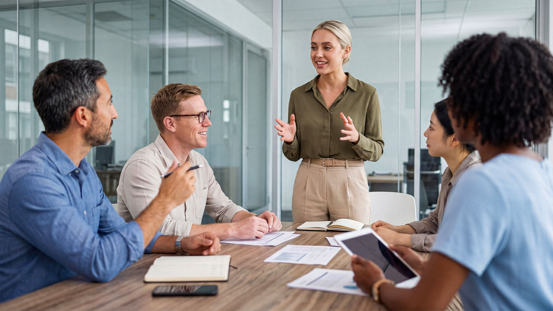 Confident business leader presenting new ideas to a diverse team in a modern office meeting room, engaging discussions.