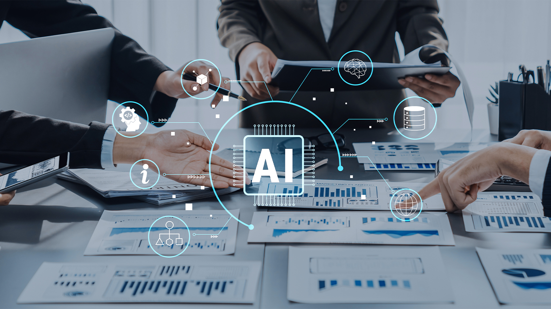 A diverse business team collaborates in a modern office, using charts and technology to discuss AI strategies and innovations, fostering effective teamwork and planning